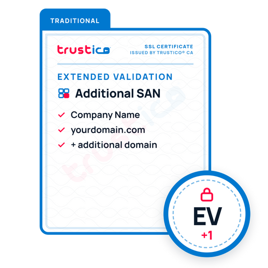 A digital certificate graphic displays the Trustico® EV + Multi Domain - Additional SAN from Trustico CA, highlighting Subject Alternative Names like Additional SAN, company name, yourdomain.com, and an extra domain. A round EV+1 badge with a lock icon appears at the bottom right to illustrate the benefits of this Multi Domain SSL Certificate.