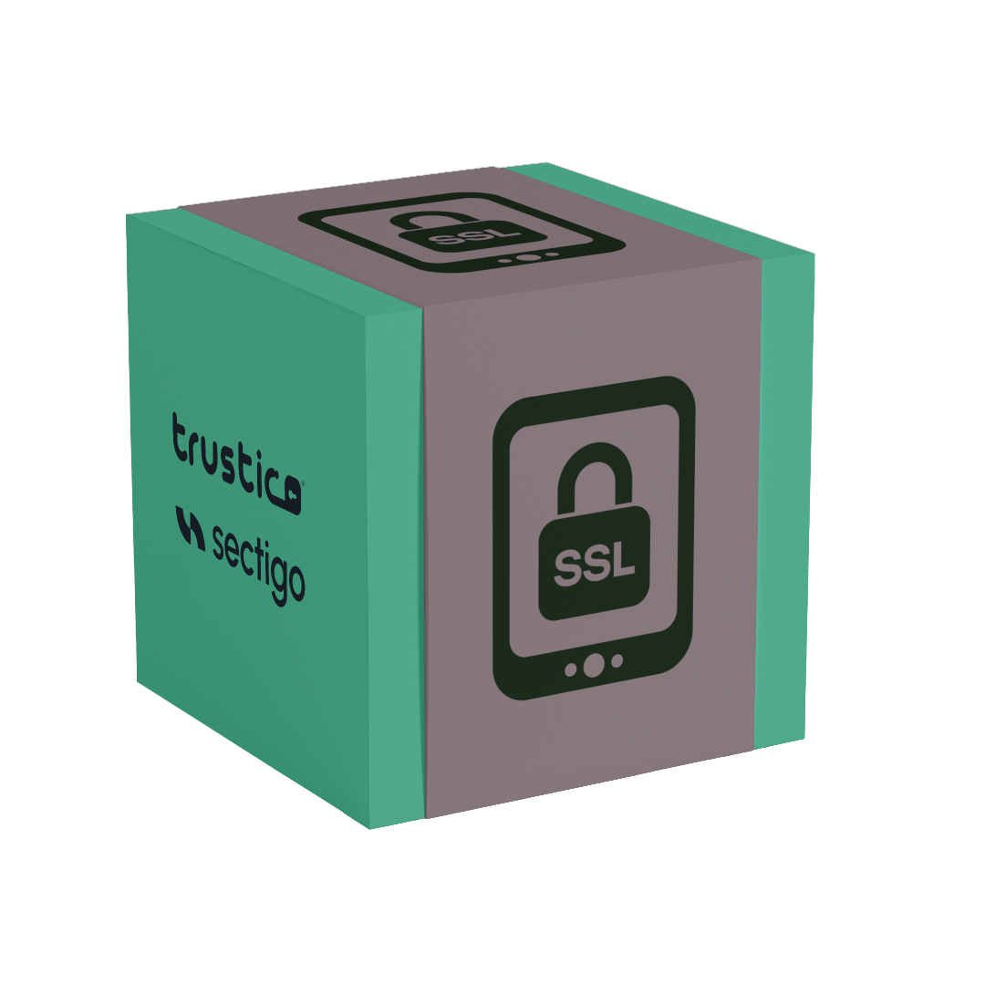 A 3D cube featuring teal sides and gray faces displays lock icons labeled as SSL, along with the Trustico® logo and Sectigo® CA branding, representing robust internet security. This imagery emphasizes the dependable protection offered by the Sectigo® OV Single Site SSL Certificate - an Organization Validation solution from Sectigo® CA designed to secure single domains.